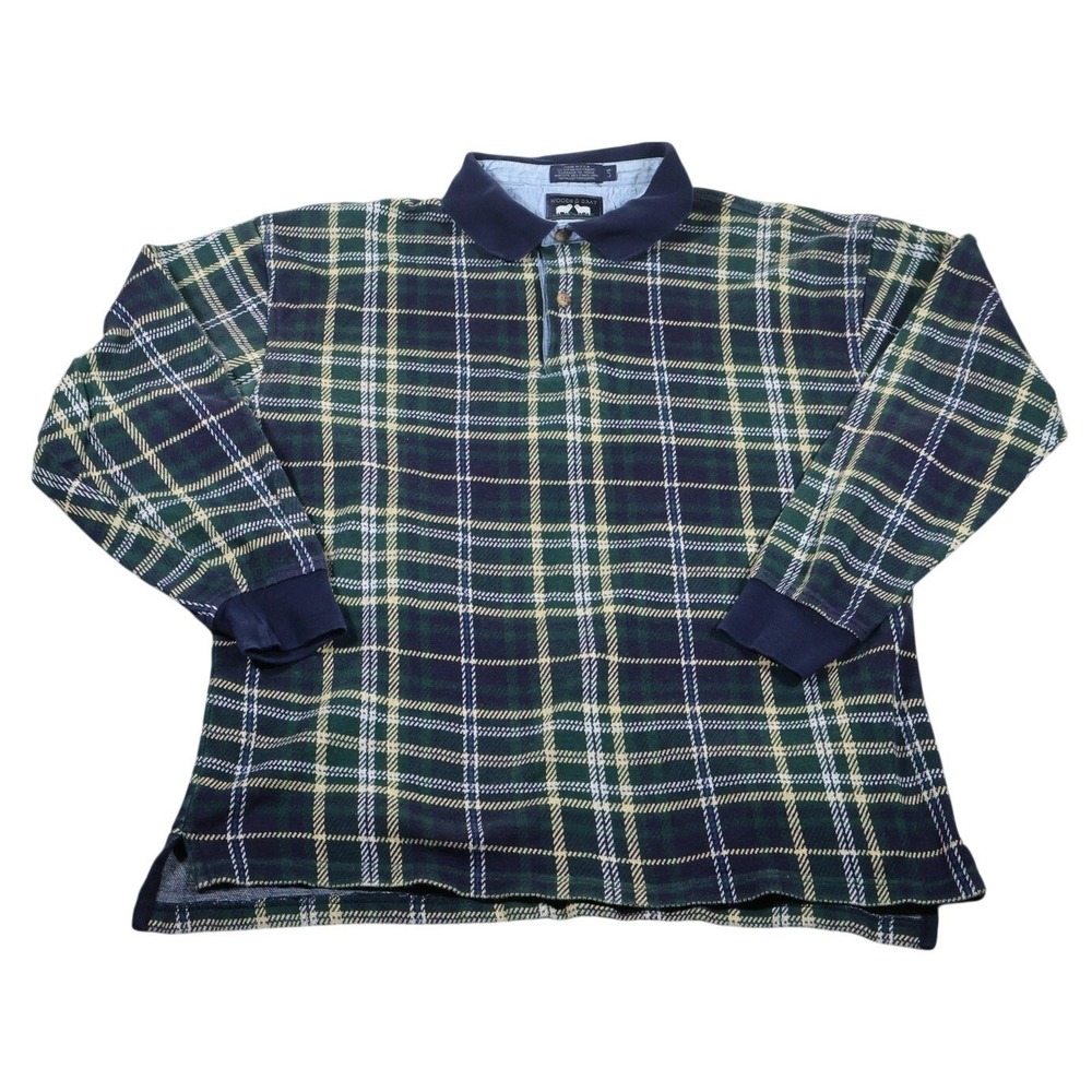 Woods & Gray Plaid Pullover Shirt Mens Large Green Navy Tartan Made USA Preppy